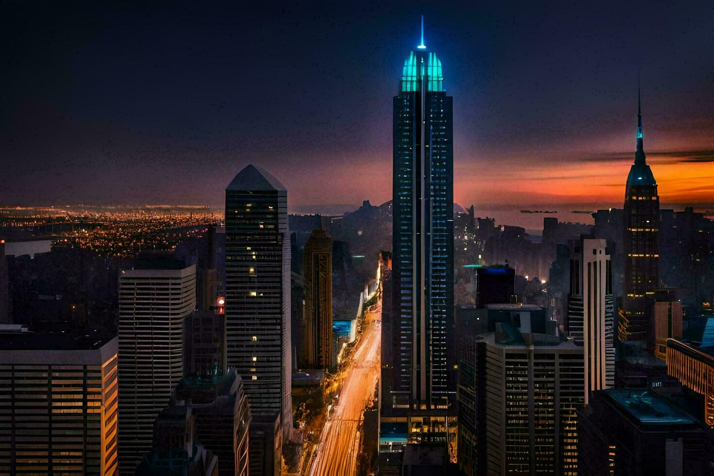 le ville horizon à nuit avec une bleu lumière. généré par ai photo
