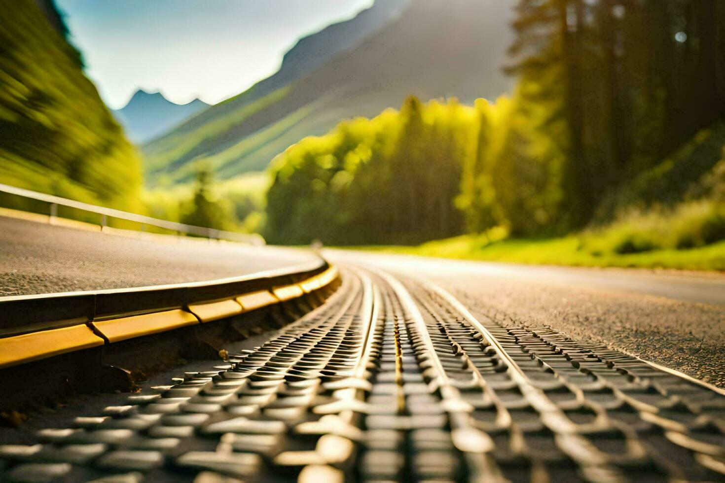 une route avec une train Piste dans le milieu. généré par ai photo