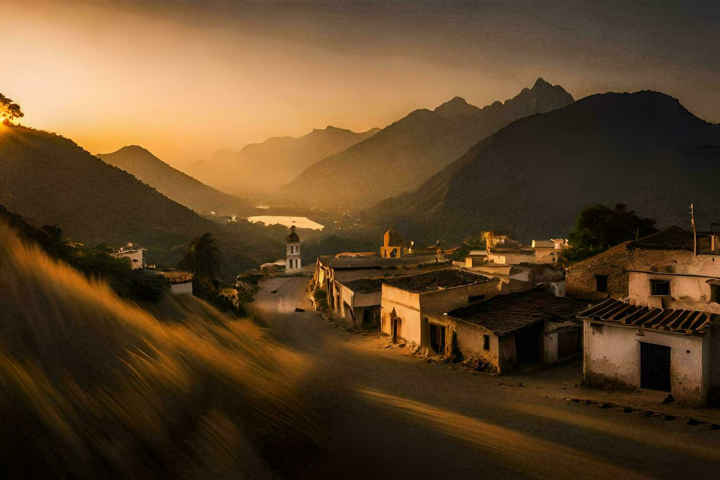 une village dans le montagnes à le coucher du soleil. généré par ai photo