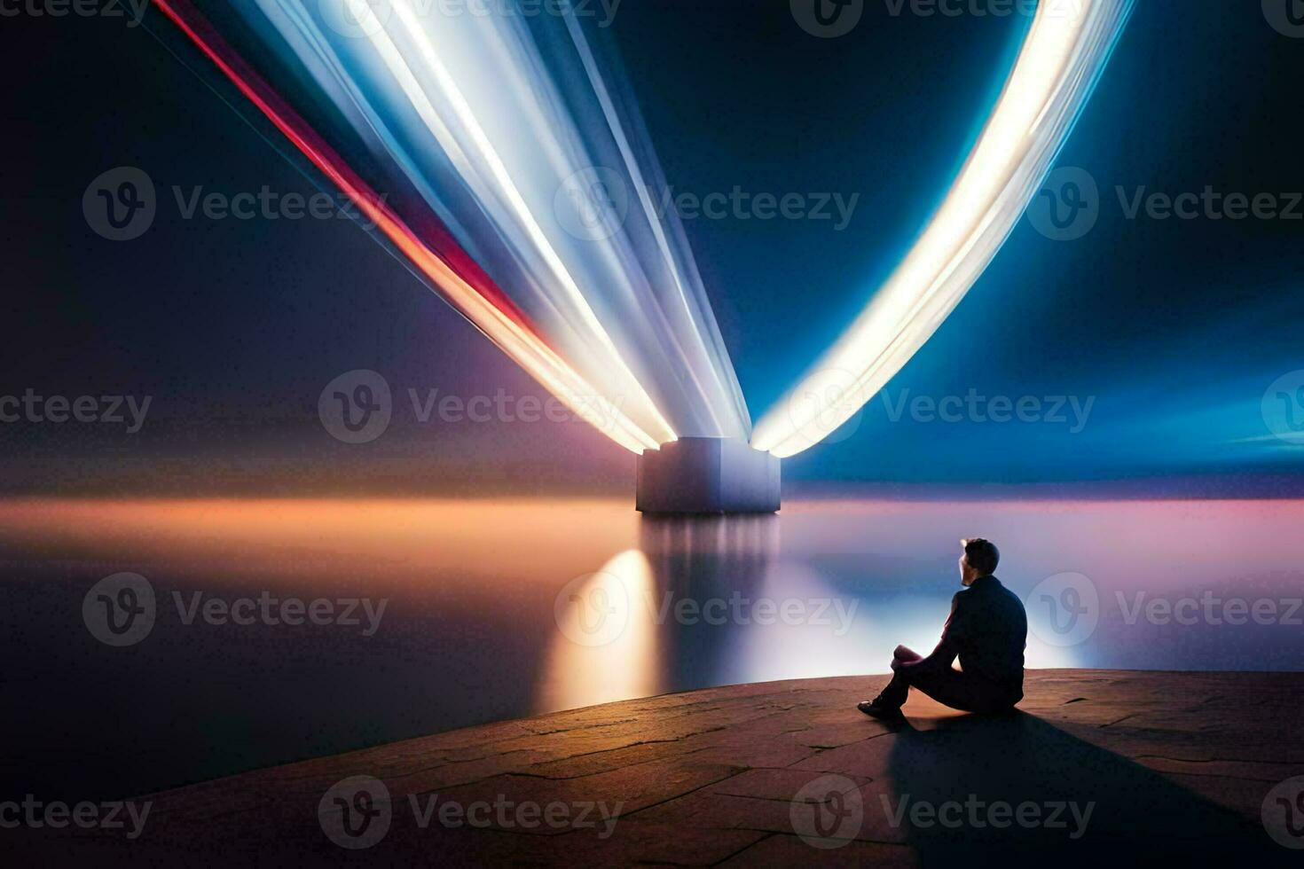 une homme séance sur le bord de une Lac avec une longue traînée de lumière à venir de le ciel. généré par ai photo