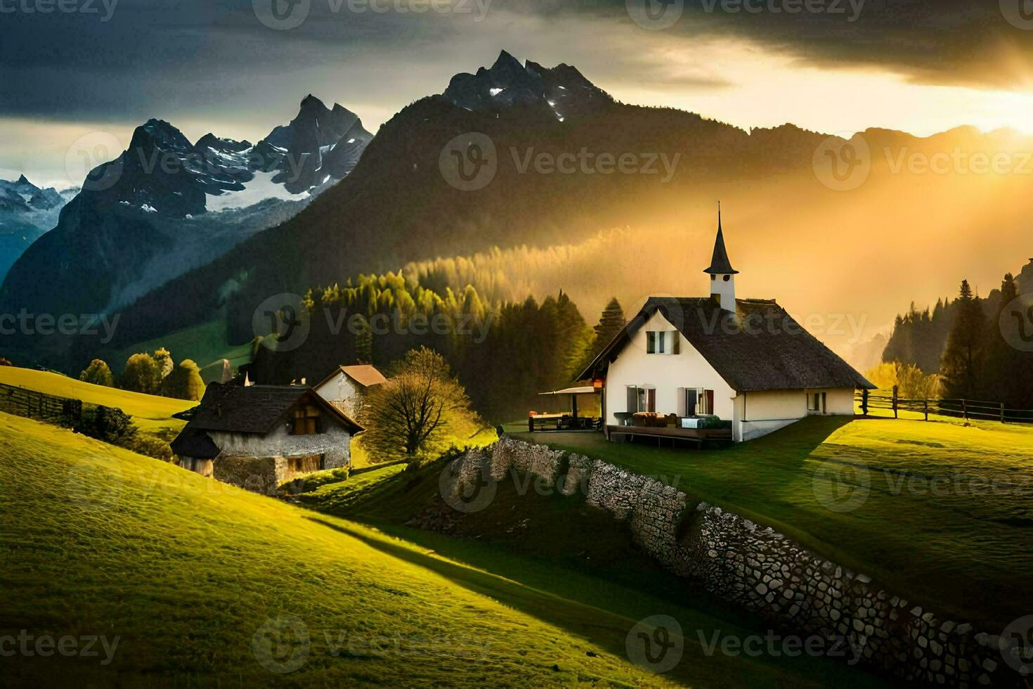 le Soleil brille sur une petit maison dans le montagnes. généré par ai photo