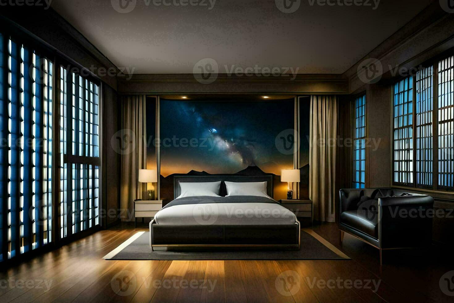 une chambre avec une lit et une vue de le nuit ciel. généré par ai photo