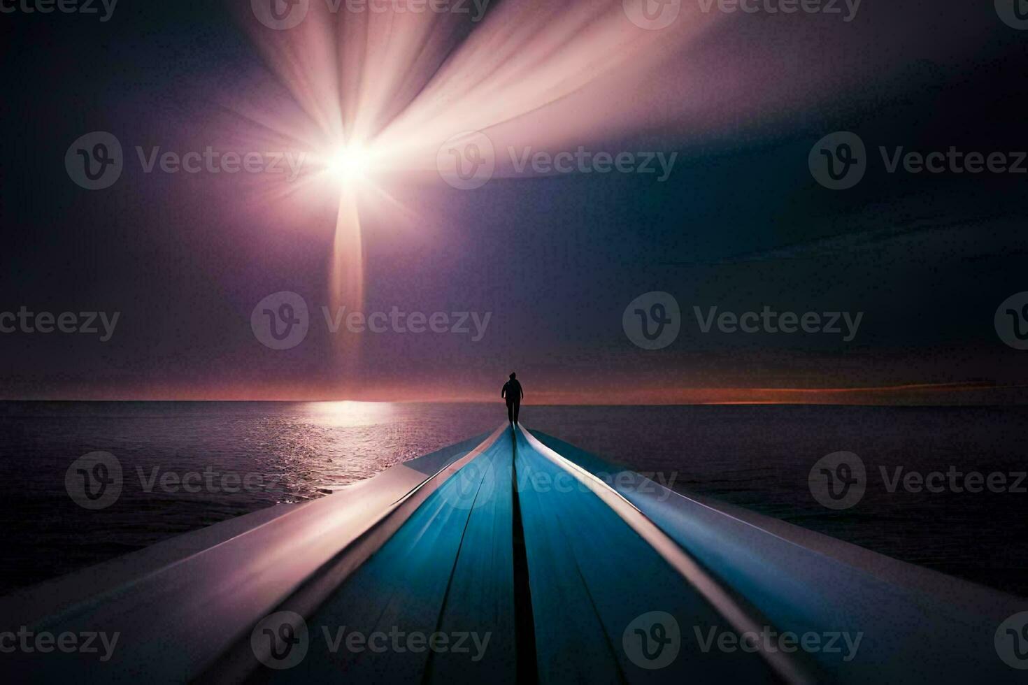 une homme permanent sur une bateau dans le océan à nuit. généré par ai photo