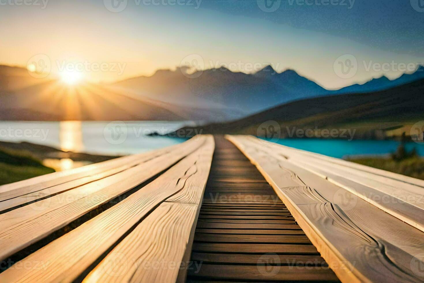 une en bois pont plus de une Lac avec montagnes dans le Contexte. généré par ai photo