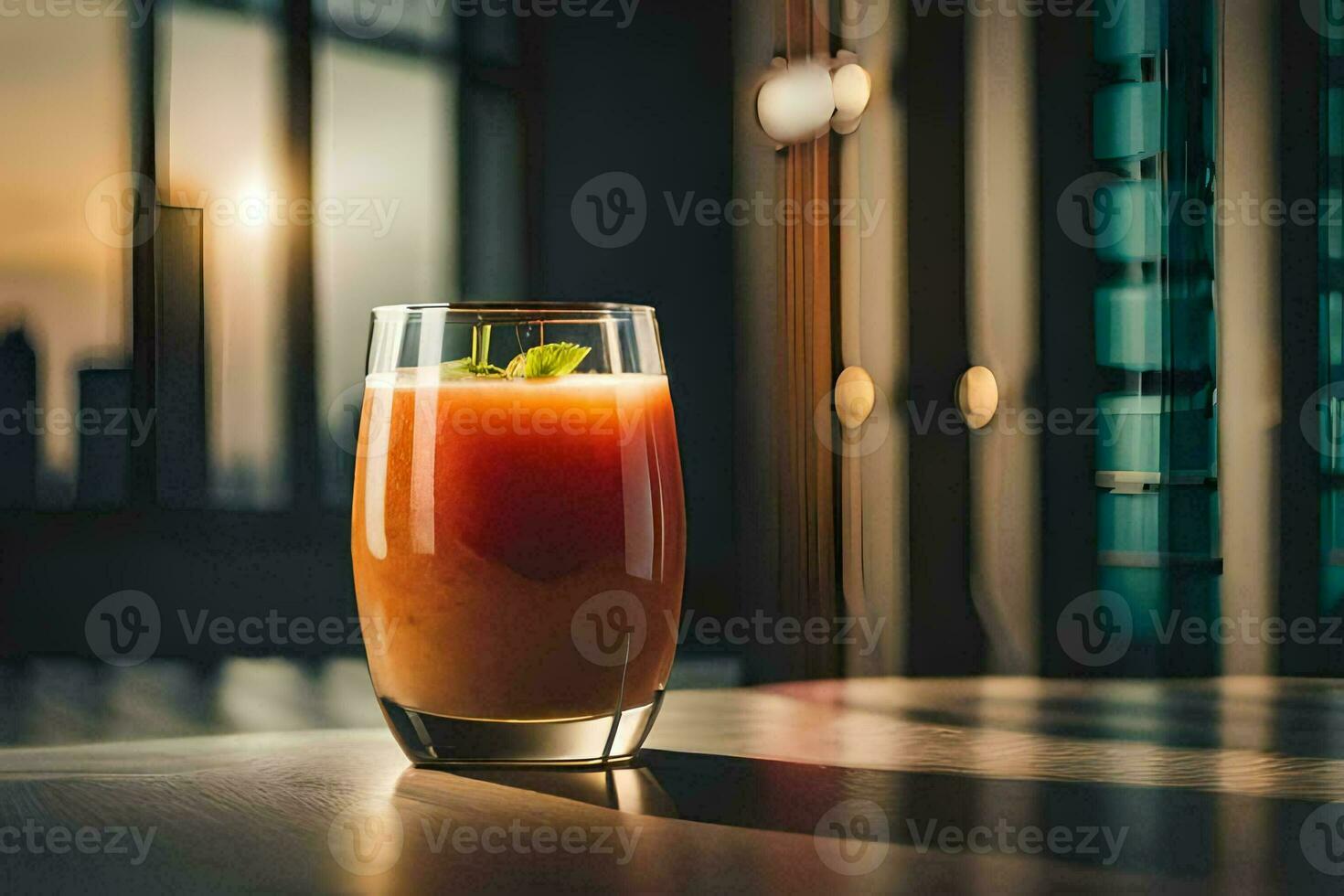 une verre de jus séance sur une table dans de face de une ville ligne d'horizon. généré par ai photo