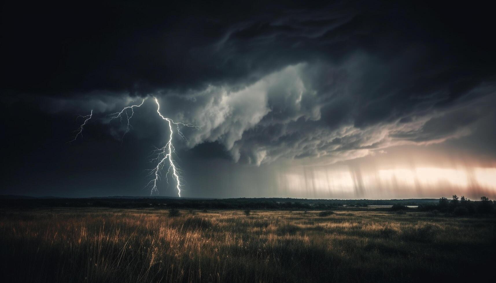 spectaculaire ciel des étincelles admiration avec à bifurcation foudre dans rural Prairie généré par ai photo