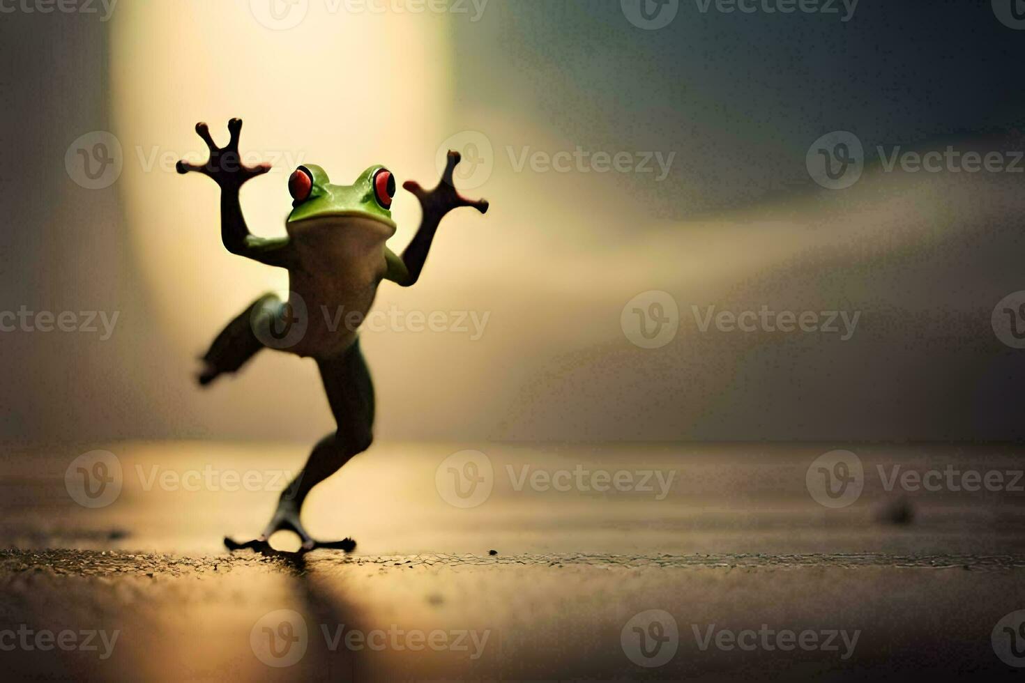 une grenouille sauter dans le air avec ses bras tendu. généré par ai photo