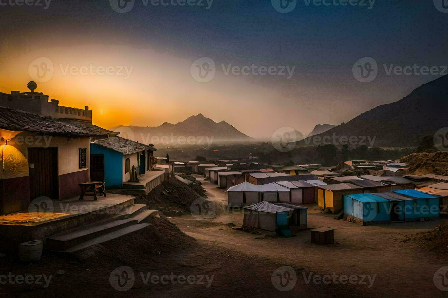 une village à le coucher du soleil avec huttes et montagnes dans le Contexte. généré par ai photo