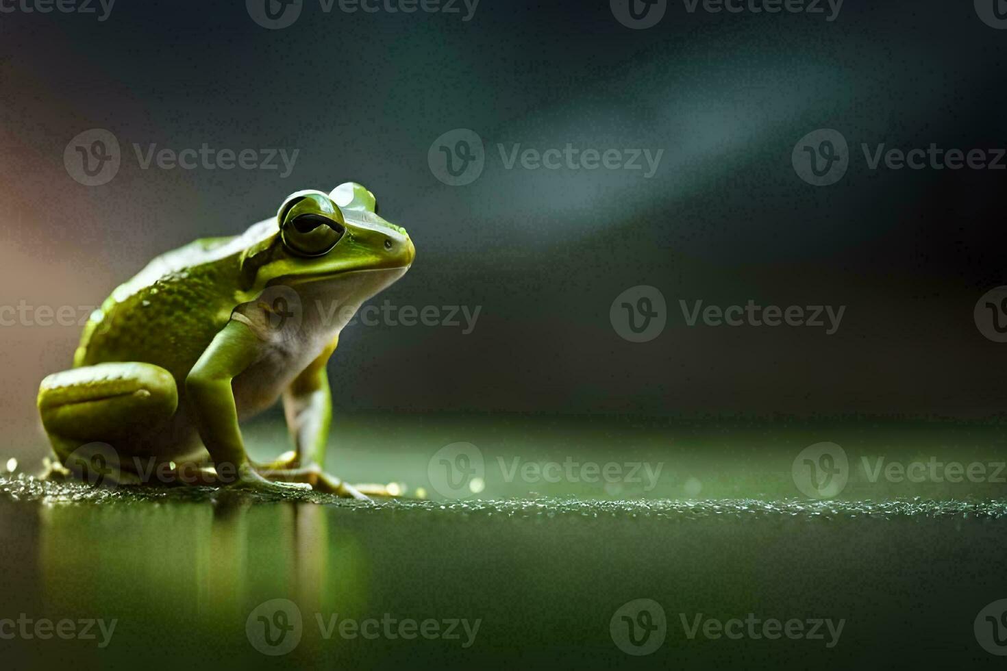 une grenouille séance sur le sol avec une floue Contexte. généré par ai photo