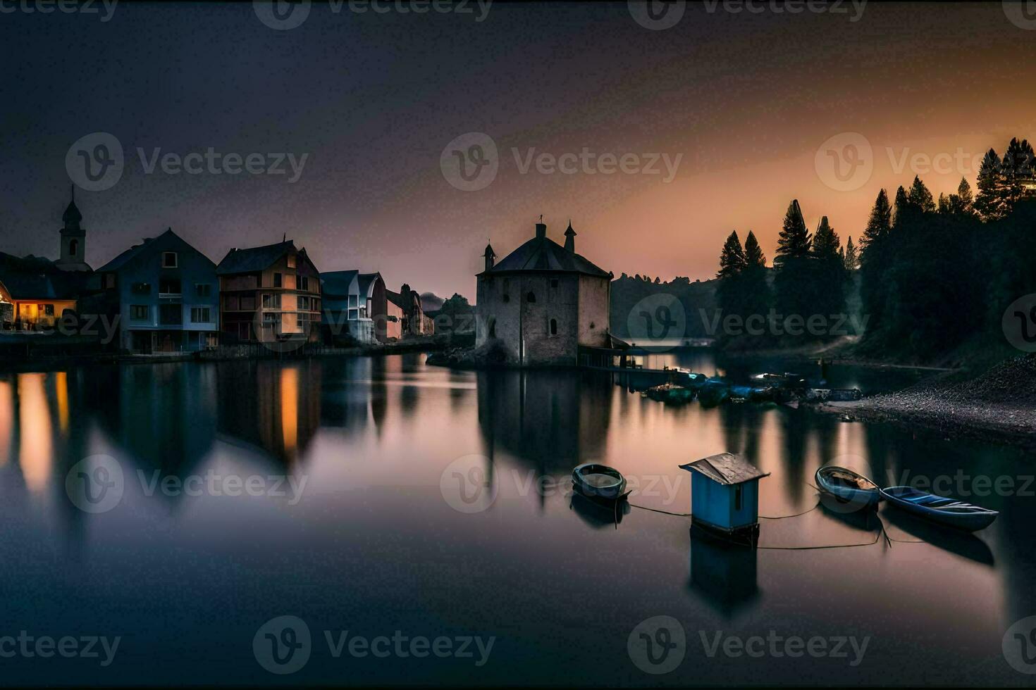 une Lac avec bateaux et Maisons à le coucher du soleil. généré par ai photo