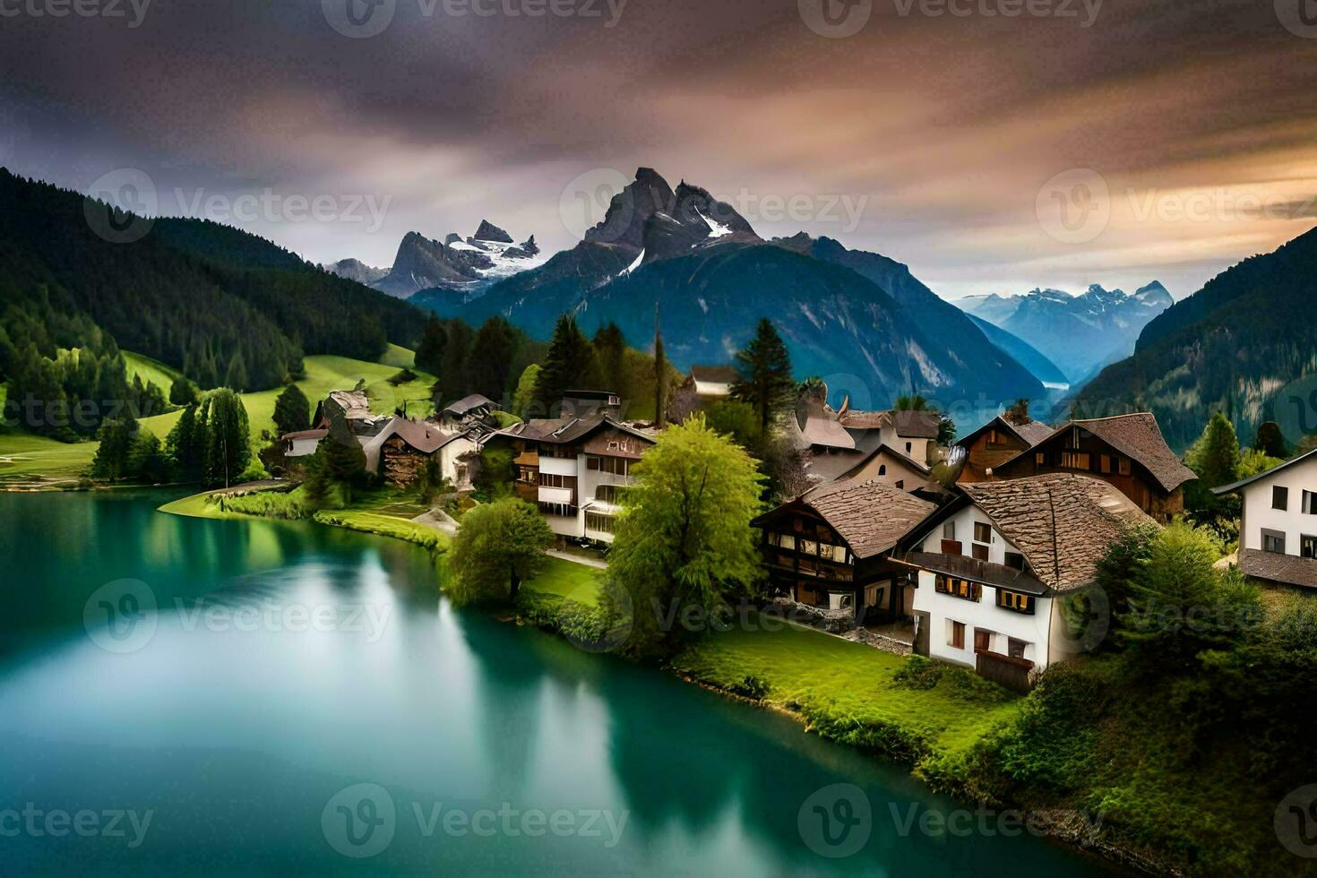 une magnifique Montagne village avec une Lac et montagnes. généré par ai photo