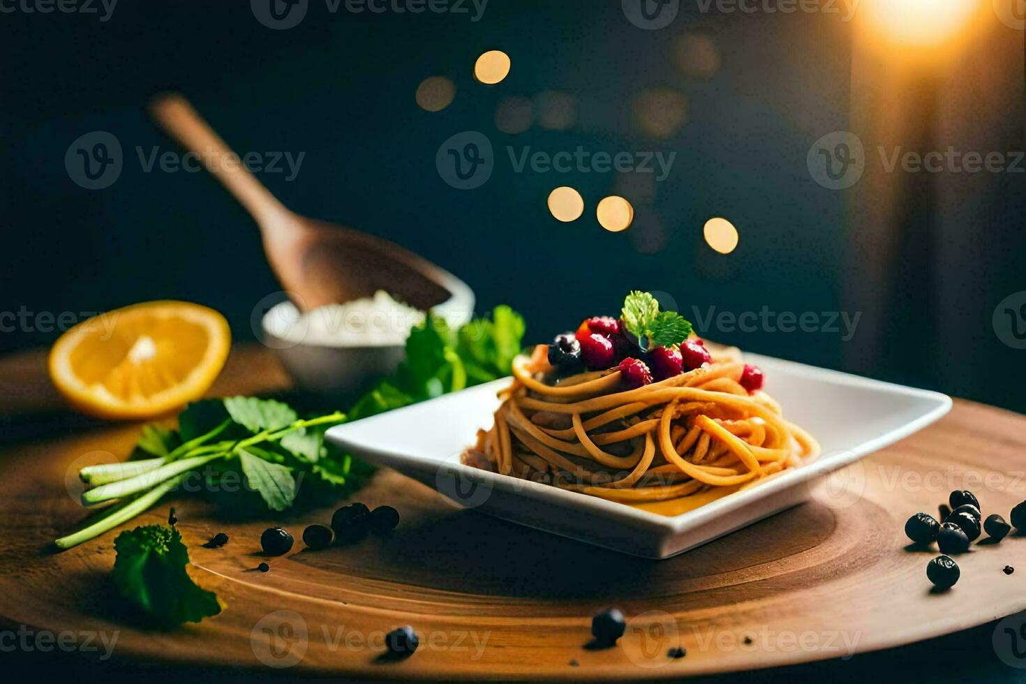 spaghetti avec canneberges et herbes sur une plaque. généré par ai photo