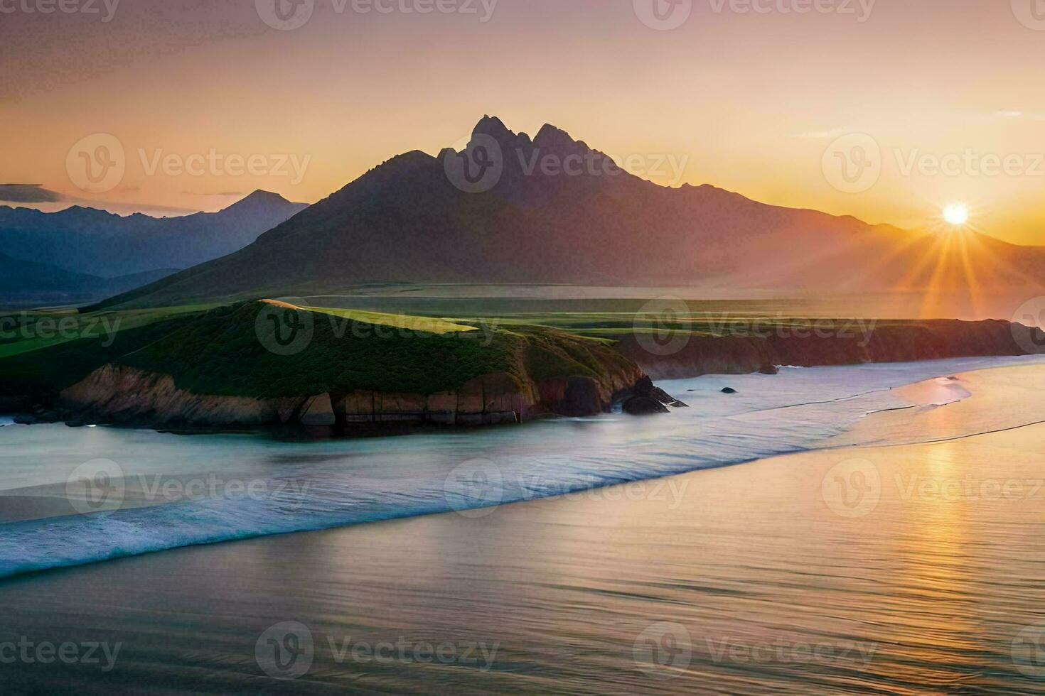 le Soleil ensembles plus de une plage et montagnes. généré par ai photo