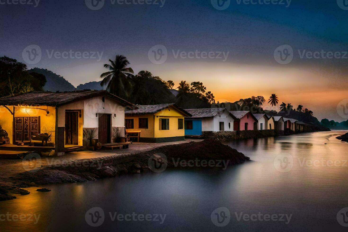 photo fond d'écran le ciel, eau, le mer, le rivière, le coucher de soleil, le maison,. généré par ai