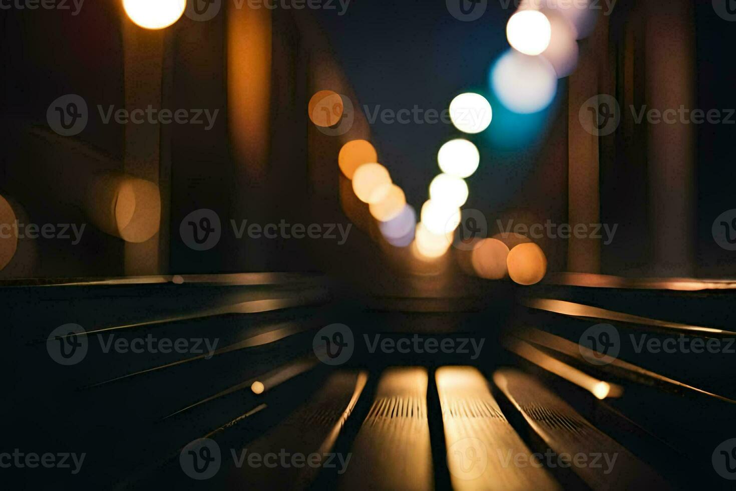 une long, sombre, vide banc avec lumières dans le Contexte. généré par ai photo