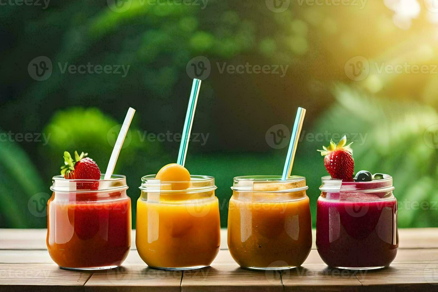 cinq différent les types de smoothies dans pots sur une tableau. généré par ai photo