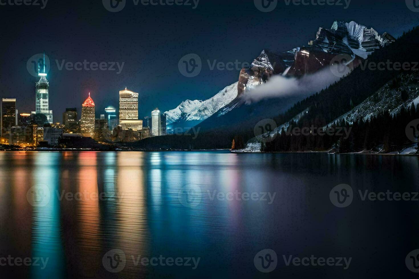 le ville lumières de banff sont réfléchi dans le l'eau. généré par ai photo