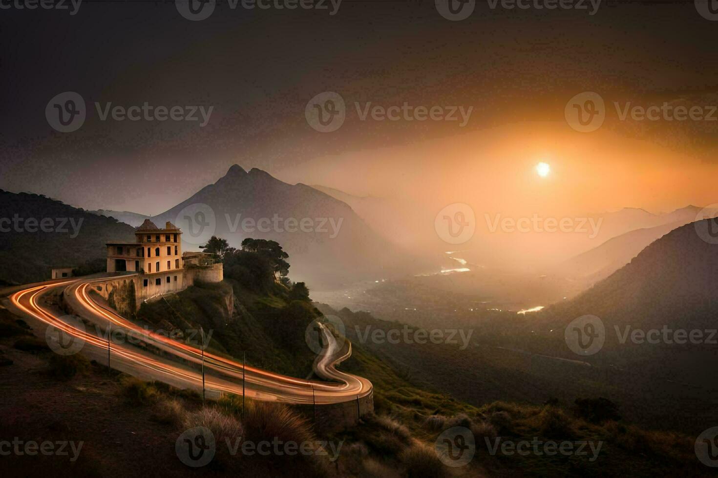 une enroulement route dans le montagnes avec une maison dans le distance. généré par ai photo