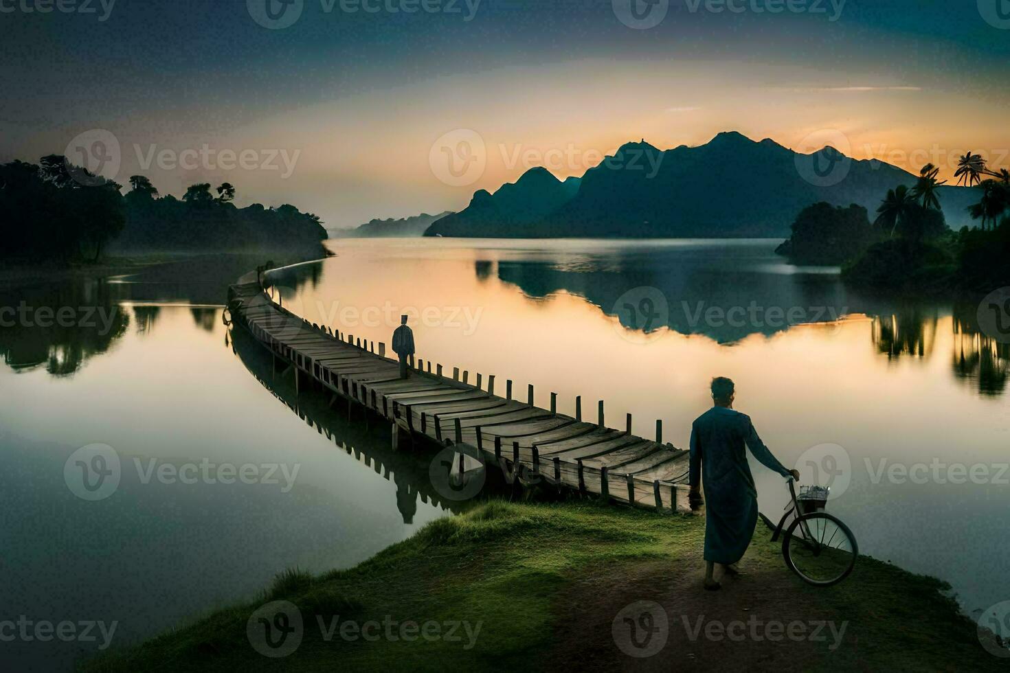 une homme et le sien bicyclette sur une pont plus de une lac. généré par ai photo