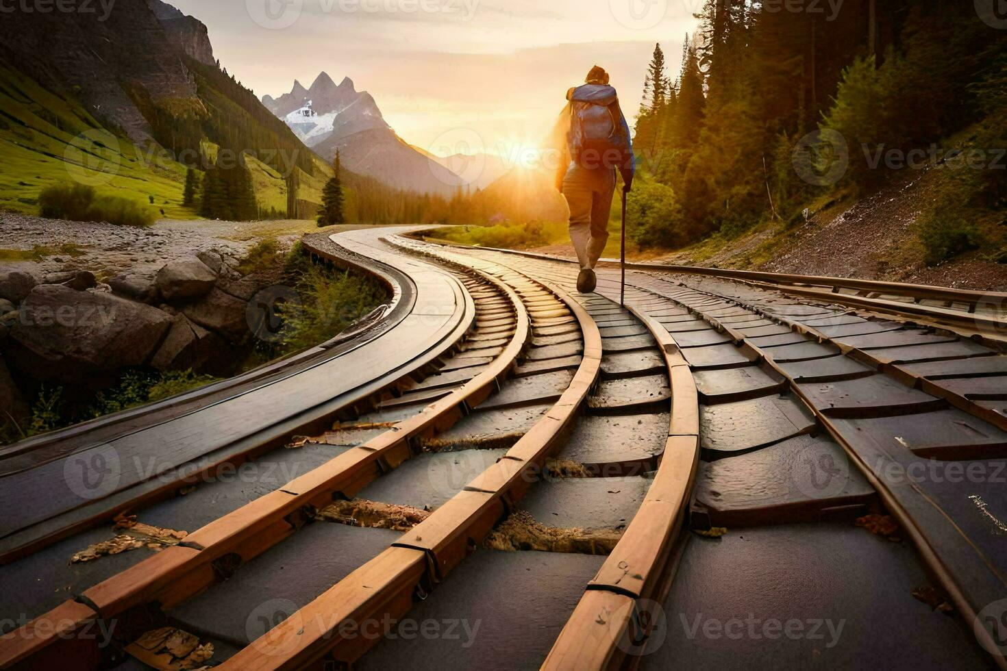 une homme en marchant sur une chemin de fer Piste dans le montagnes. généré par ai photo