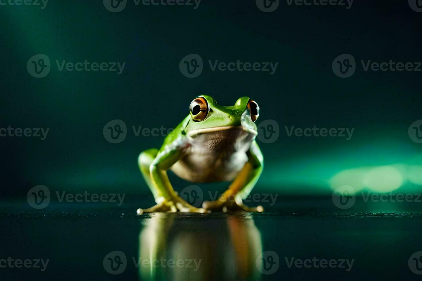 une grenouille est permanent sur une foncé surface. généré par ai photo