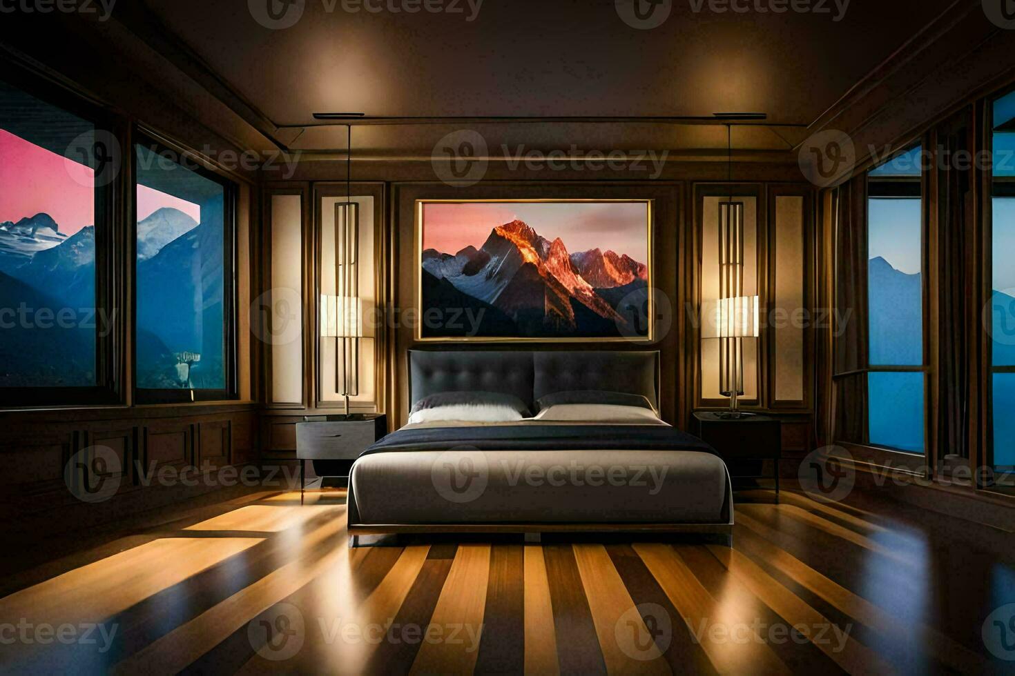 une chambre avec une Montagne vue et une La peinture sur le mur. généré par ai photo