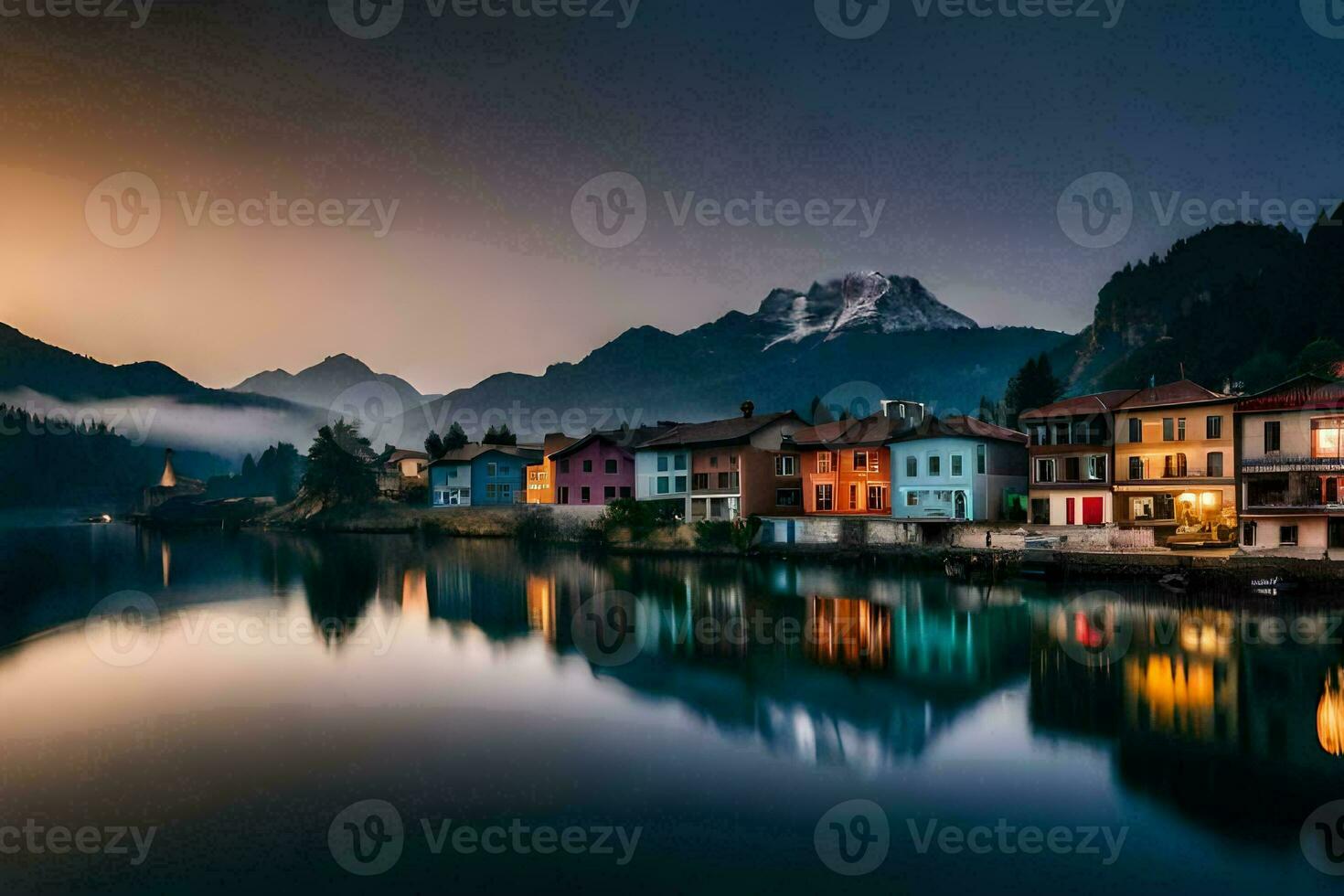 coloré Maisons sur le rive de une Lac à le coucher du soleil. généré par ai photo