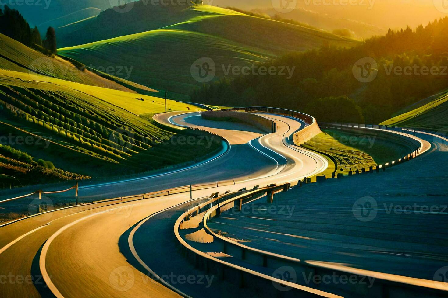 une enroulement route dans le montagnes à le coucher du soleil. généré par ai photo