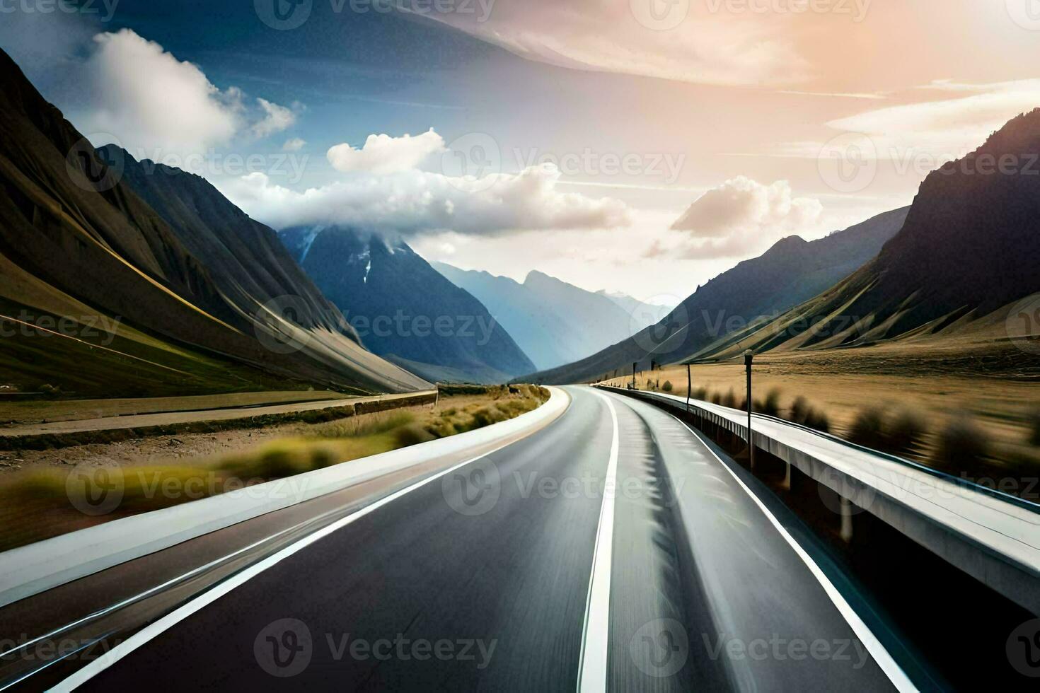 une longue route avec montagnes dans le Contexte. généré par ai photo