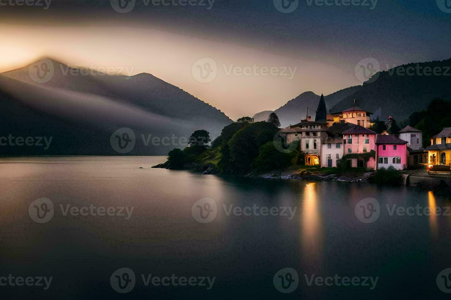 une village sur le rive de une Lac à crépuscule. généré par ai photo