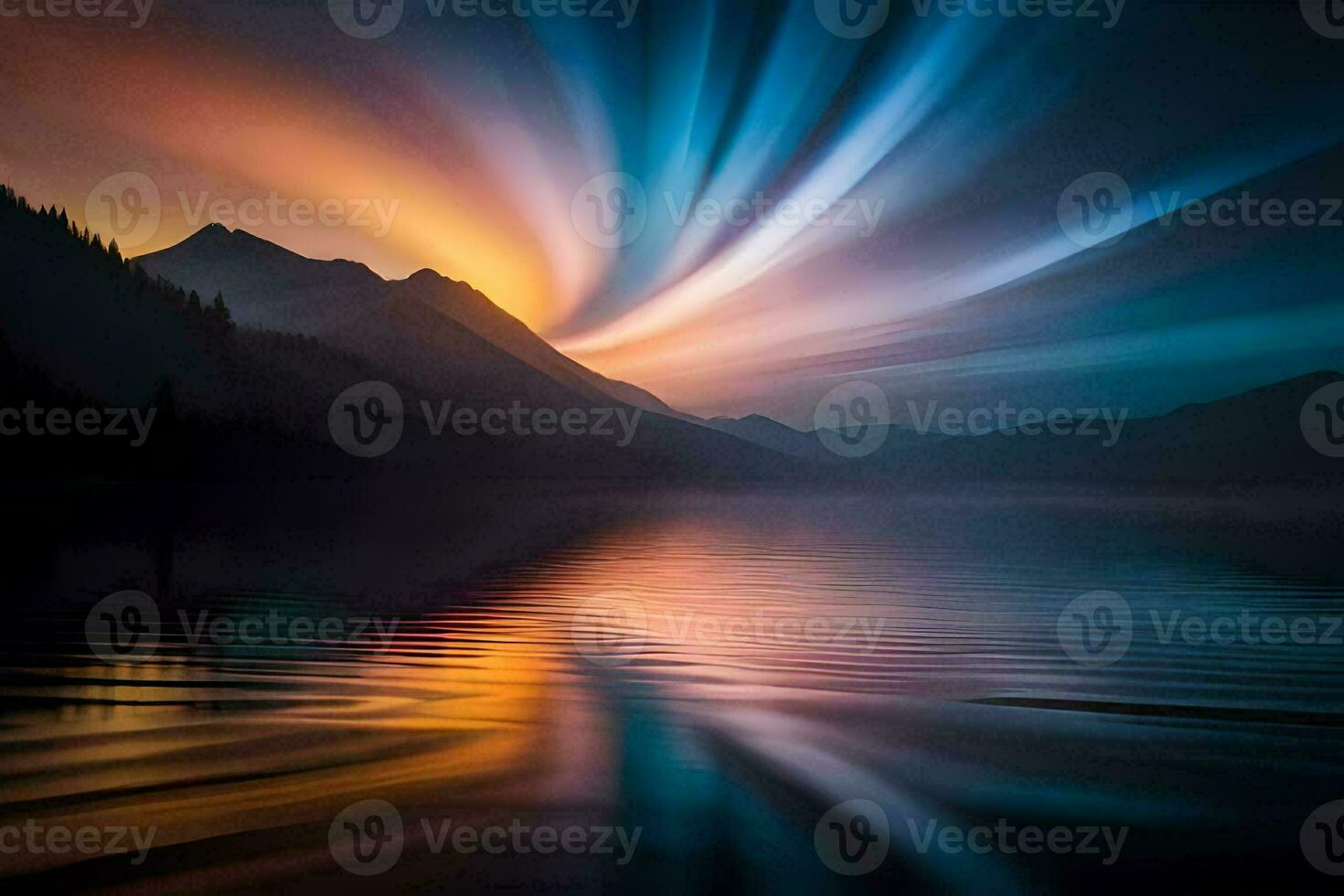 une magnifique le coucher du soleil plus de une Lac avec montagnes dans le Contexte. généré par ai photo