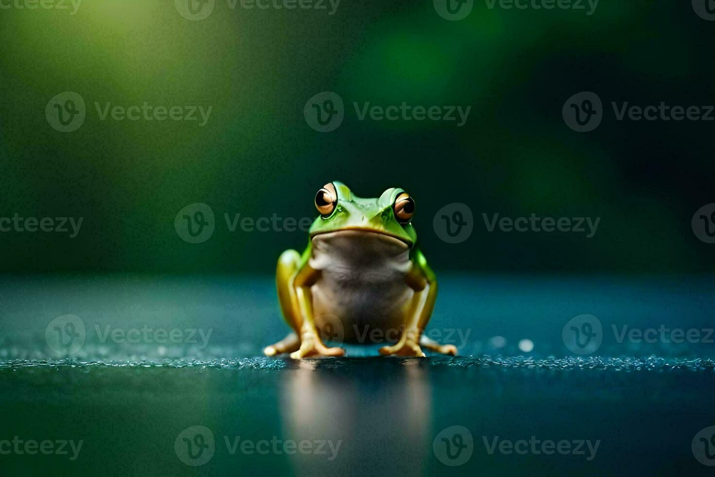 une grenouille séance sur une foncé surface avec une vert Contexte. généré par ai photo