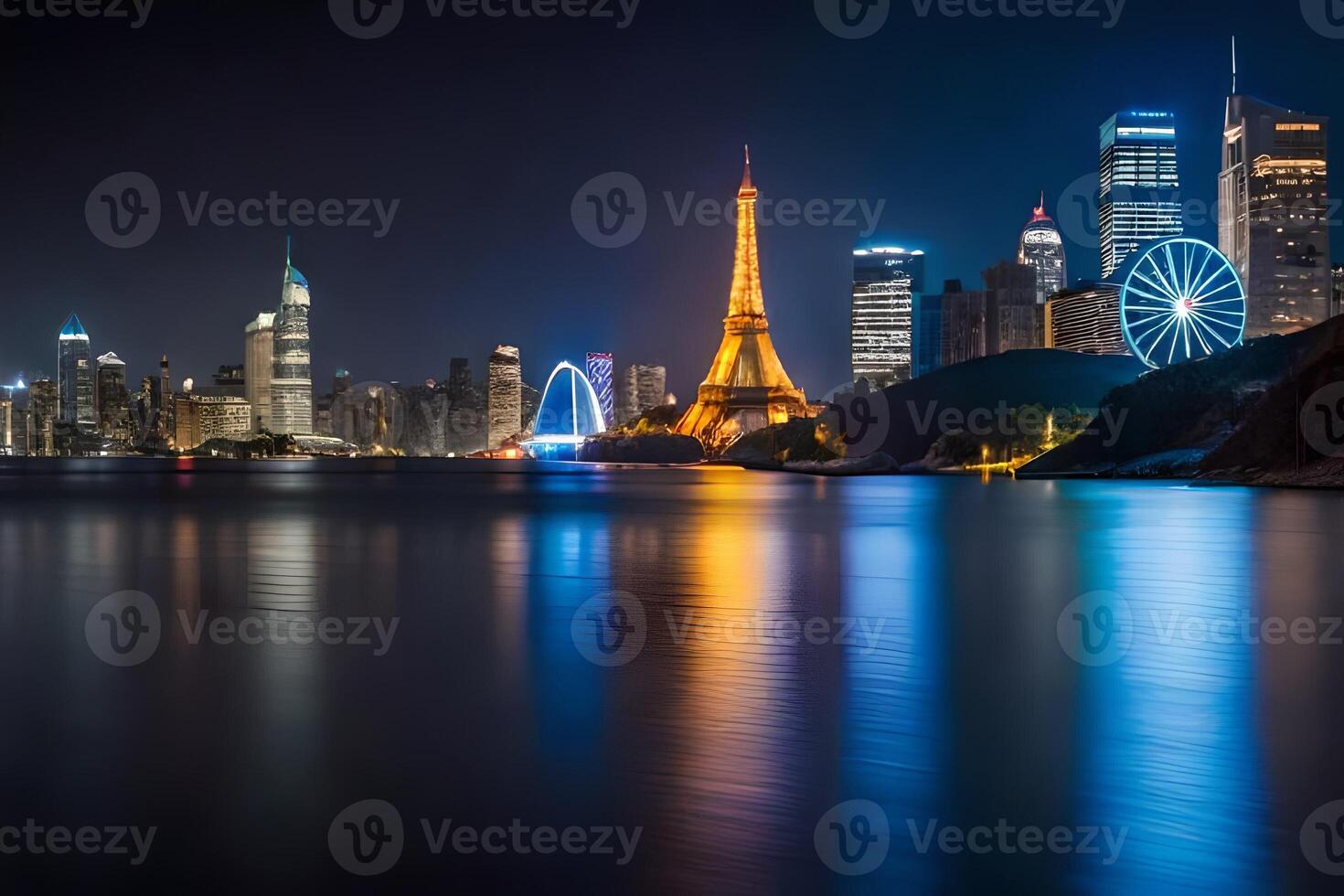 le ville horizon à nuit avec le Eiffel la tour dans le premier plan. généré par ai photo