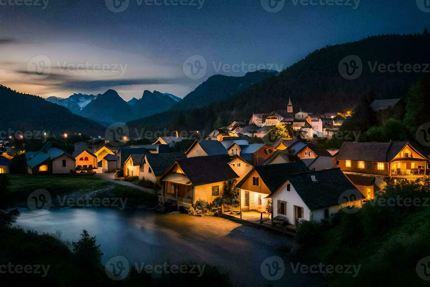 photo fond d'écran le ciel, montagnes, eau, le nuit, le village, le montagnes, le. généré par ai