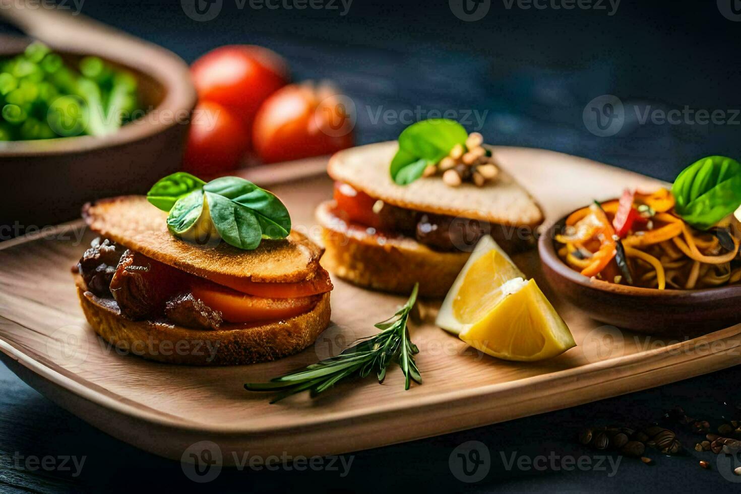 nourriture sur une en bois assiette avec tomates et Viande. généré par ai photo