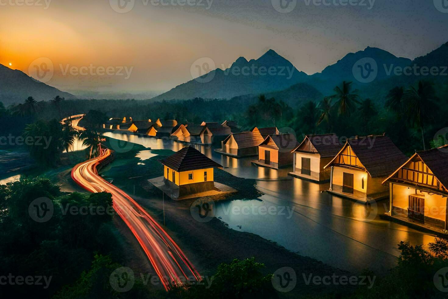 une rivière et Maisons dans le montagnes à le coucher du soleil. généré par ai photo