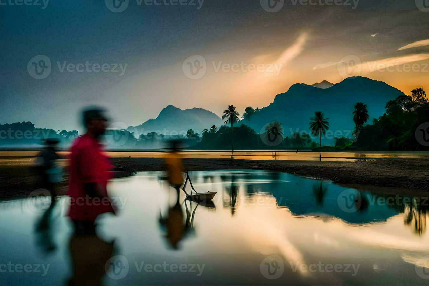 gens en marchant à travers une rivière à le coucher du soleil avec montagnes dans le Contexte. généré par ai photo