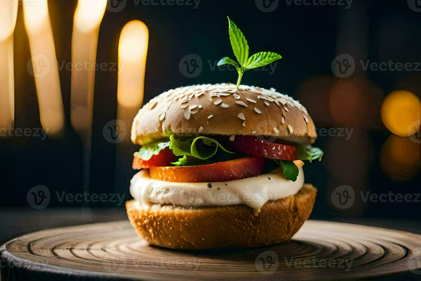 une Hamburger avec fromage et tomate sur une en bois plaque. généré par ai photo