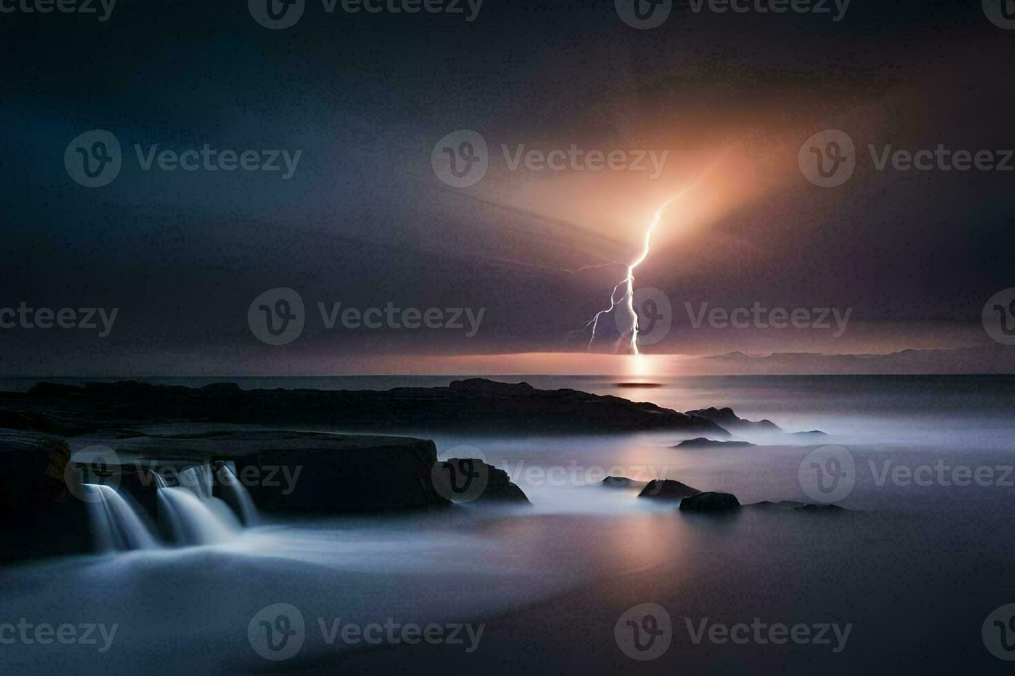 foudre grèves plus de le océan à nuit. généré par ai photo