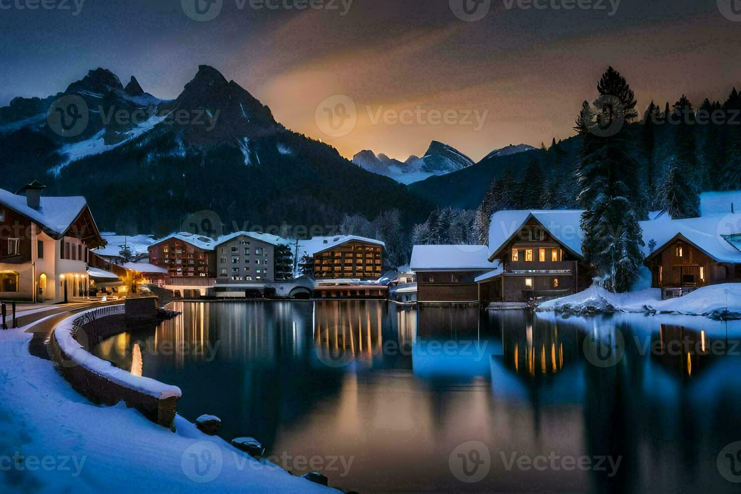 une Lac et Maisons dans le neige à nuit. généré par ai photo