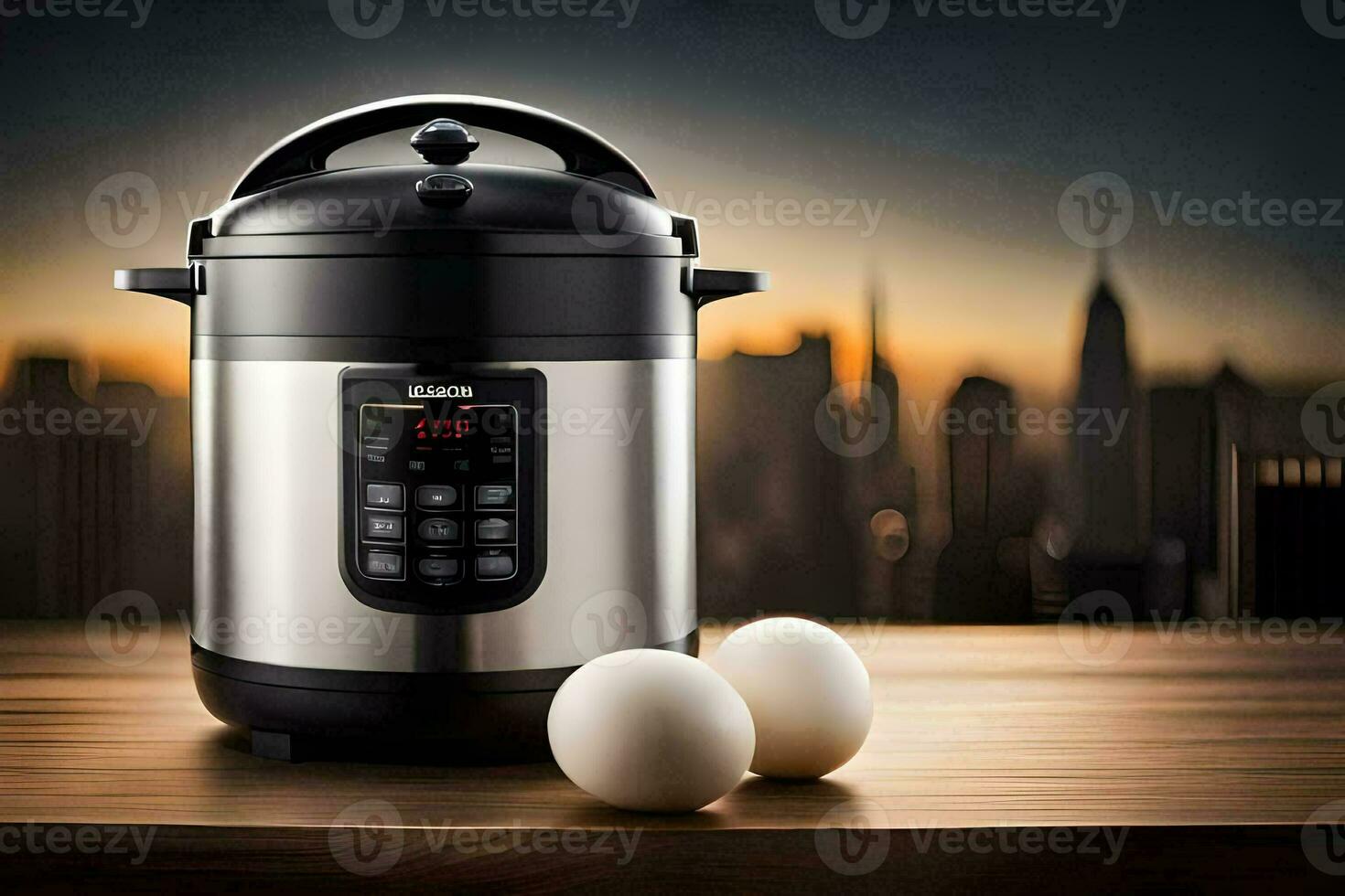 une grand pression cuisinier avec deux des œufs sur une tableau. généré par ai photo