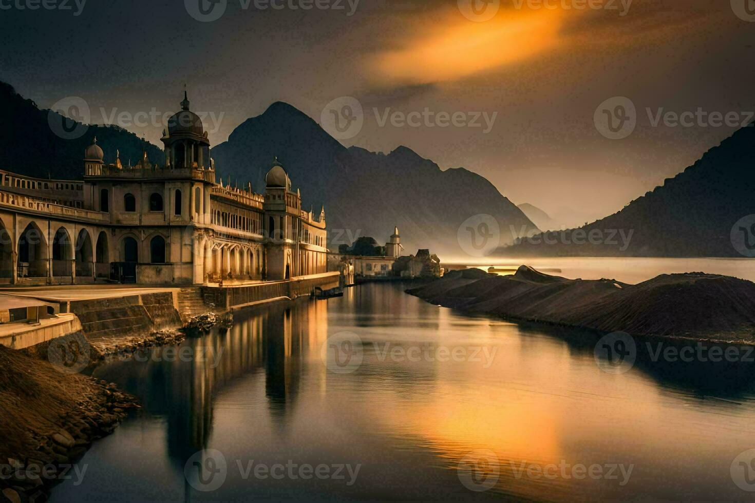 une magnifique le coucher du soleil plus de une Lac et une bâtiment. généré par ai photo