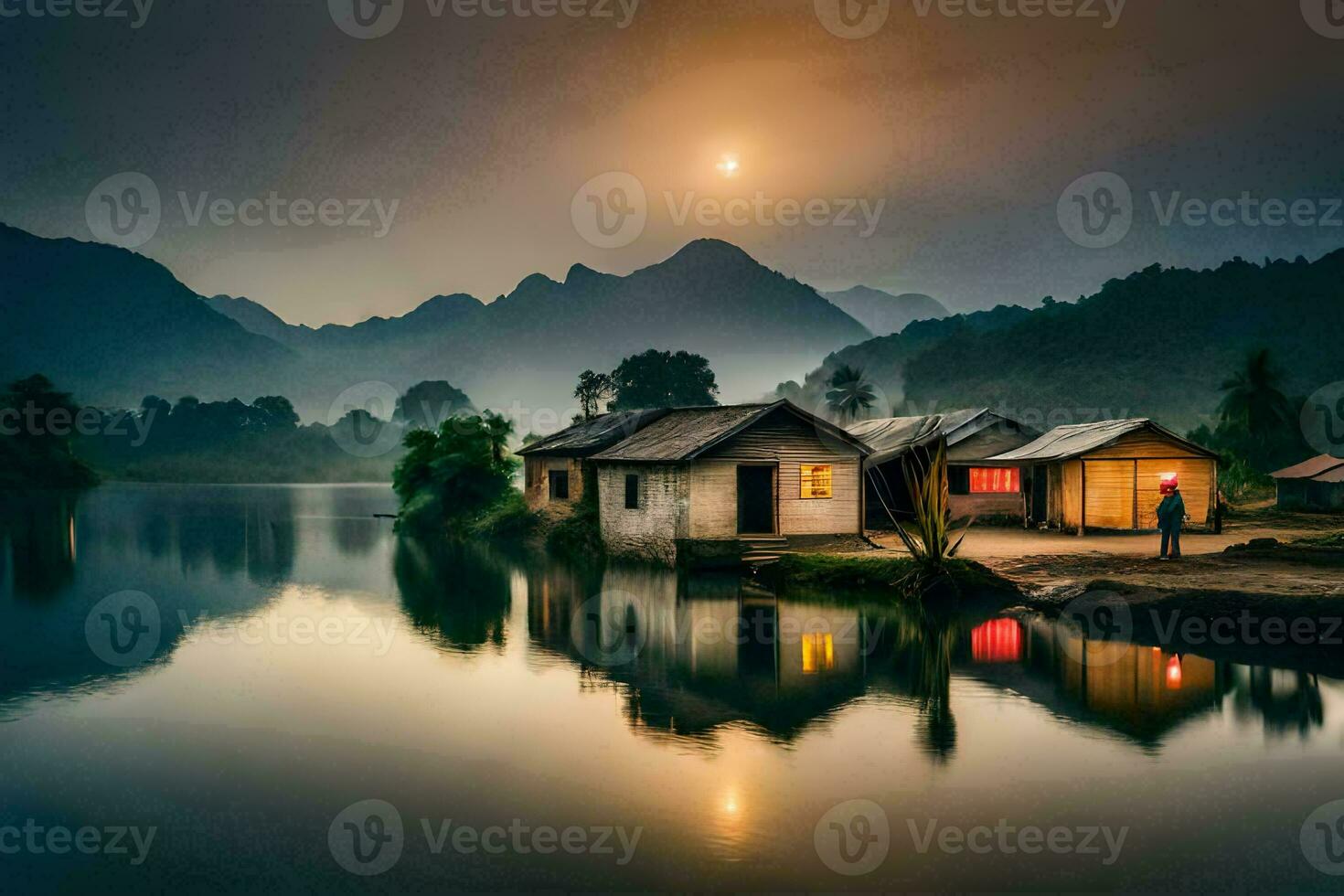 une petit village est assis sur le rive de une Lac à le coucher du soleil. généré par ai photo