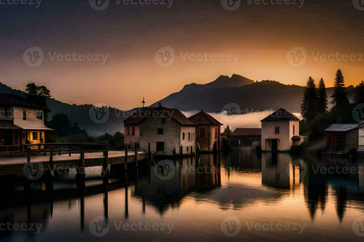 photo fond d'écran le ciel, montagnes, brouillard, le lac, le loger, le montagnes, le. généré par ai