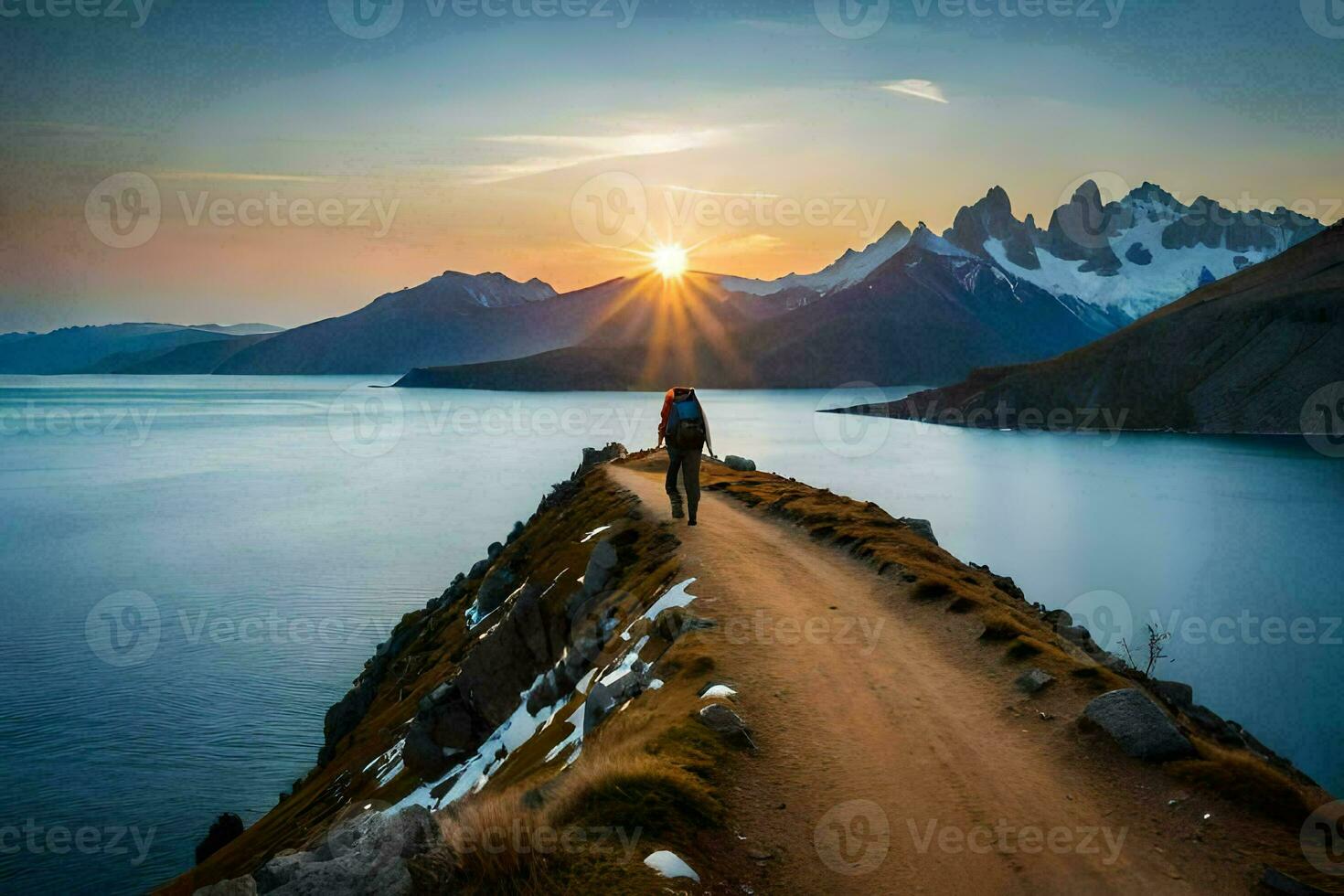 le homme est en marchant sur le route dans de face de le montagnes. généré par ai photo