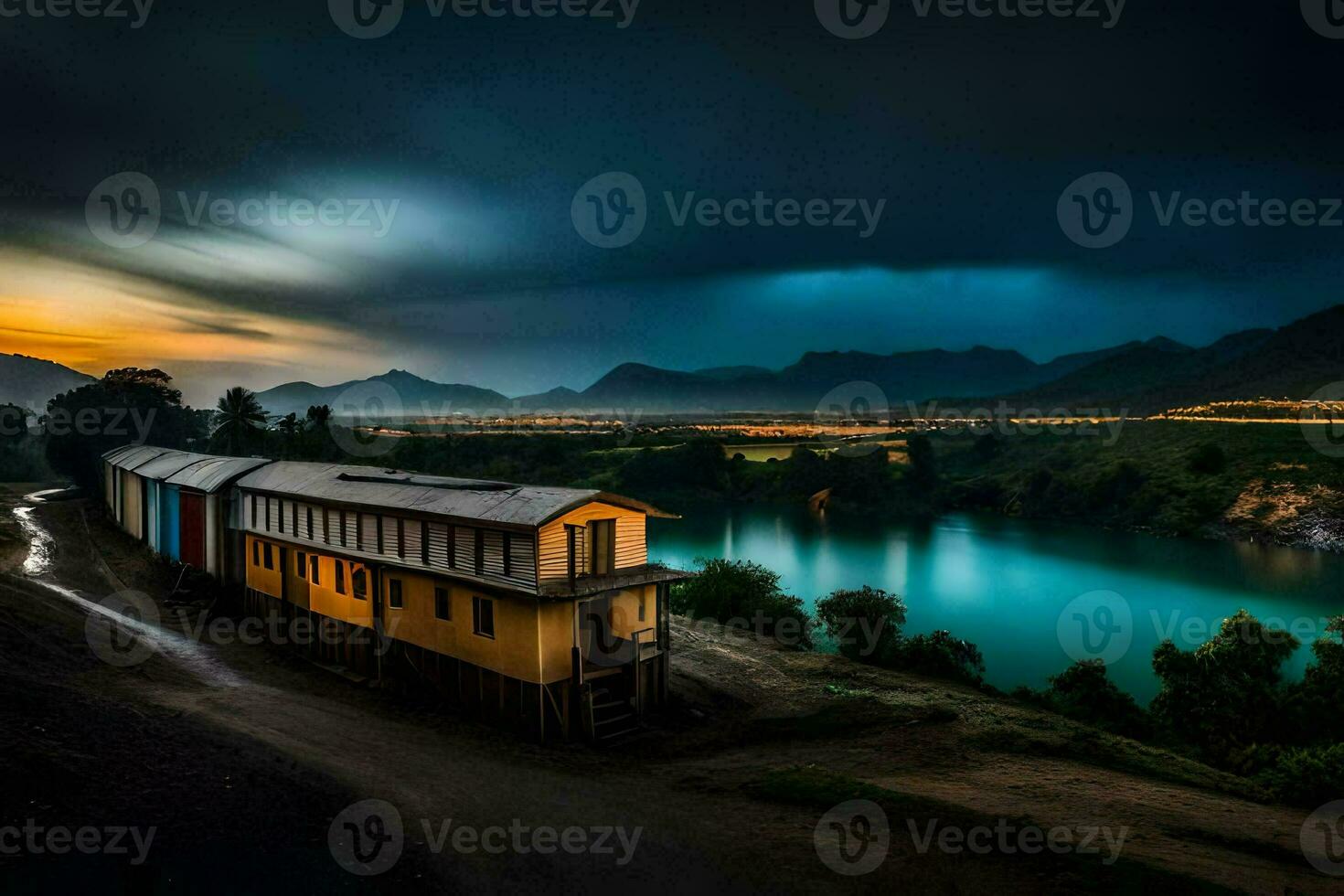 une maison est assis sur le côté de une Lac à le coucher du soleil. généré par ai photo