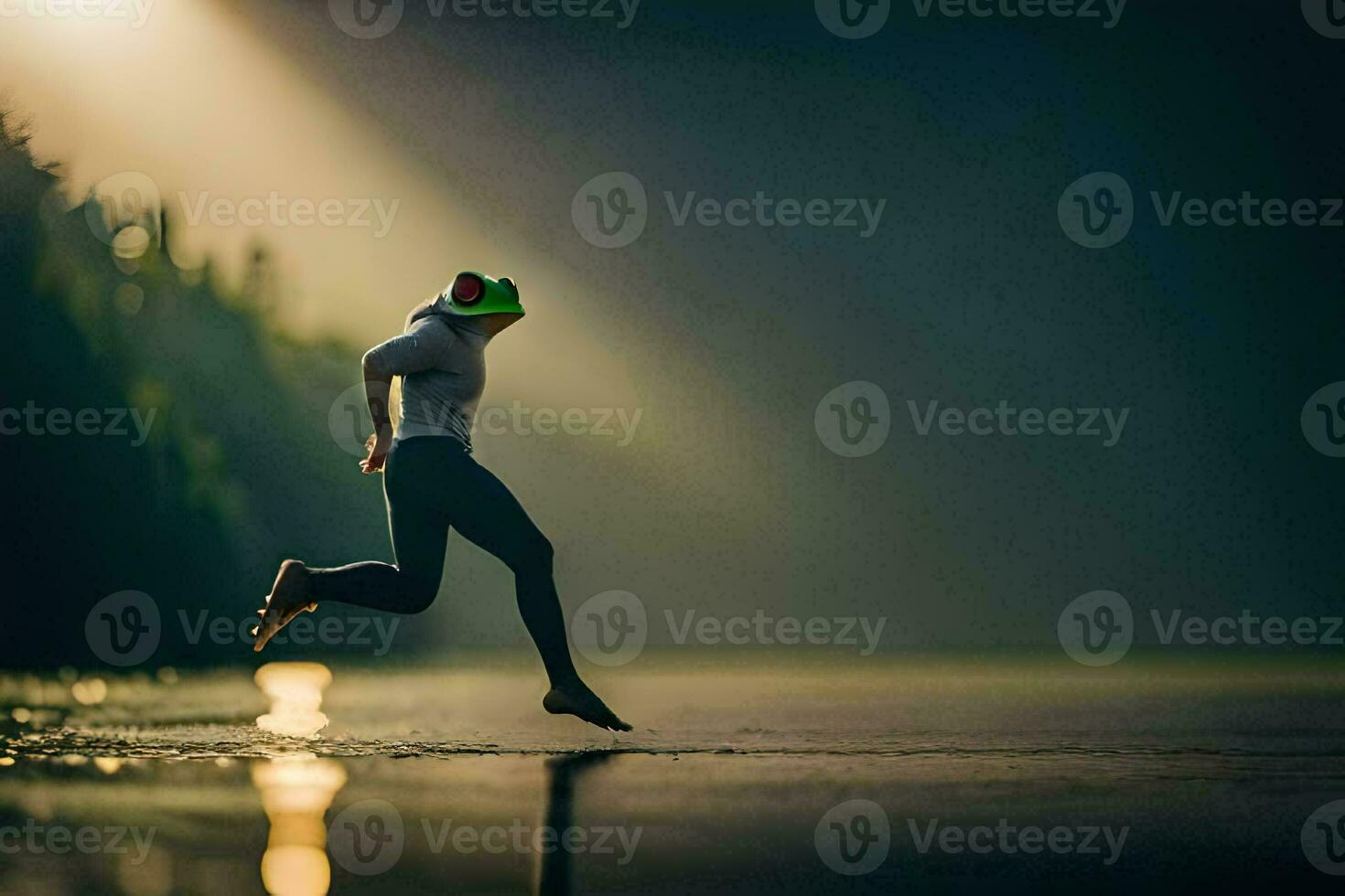 une homme fonctionnement dans le l'eau à le coucher du soleil. généré par ai photo