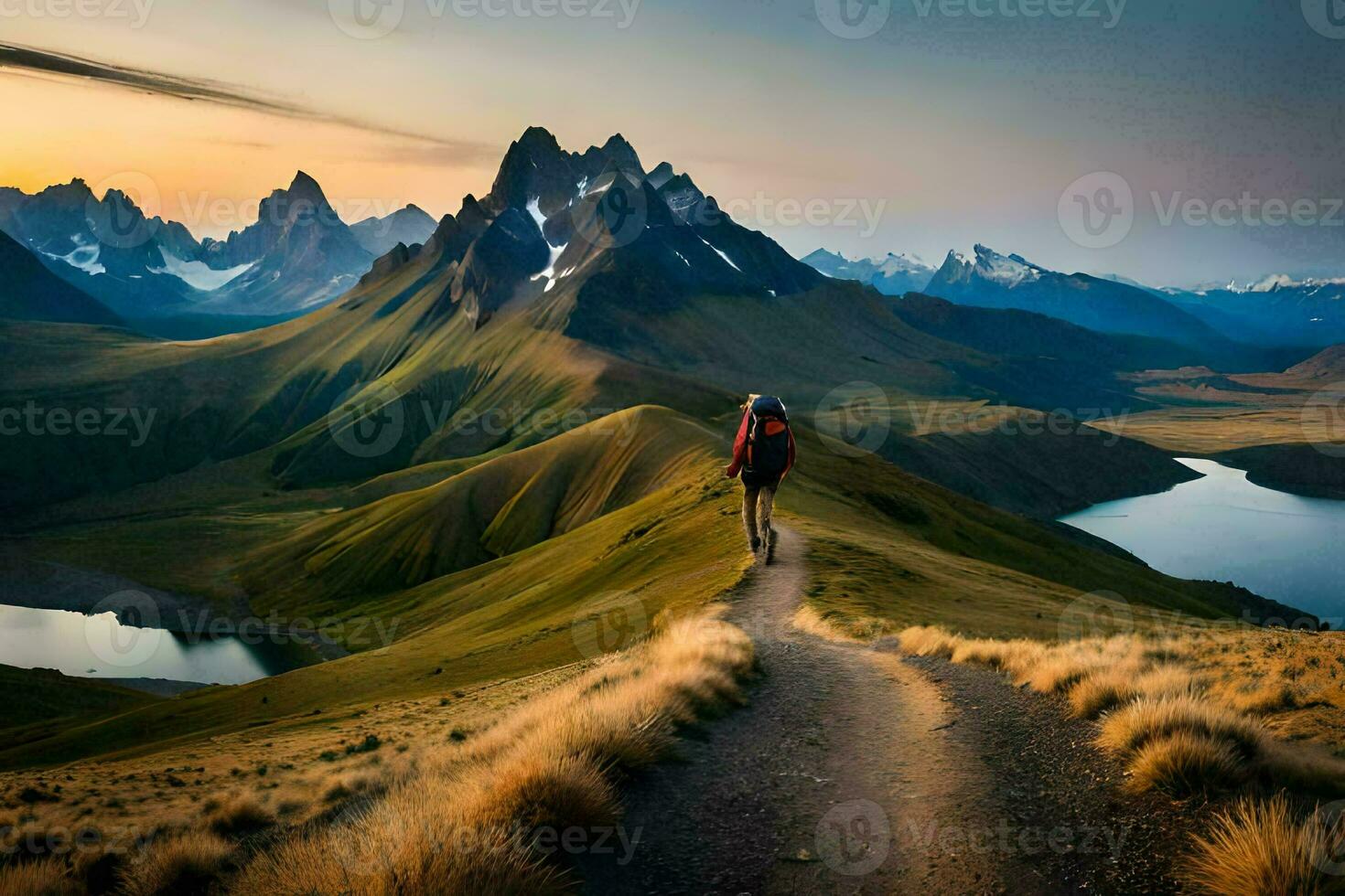 le homme est en marchant sur le chemin dans le montagnes. généré par ai photo