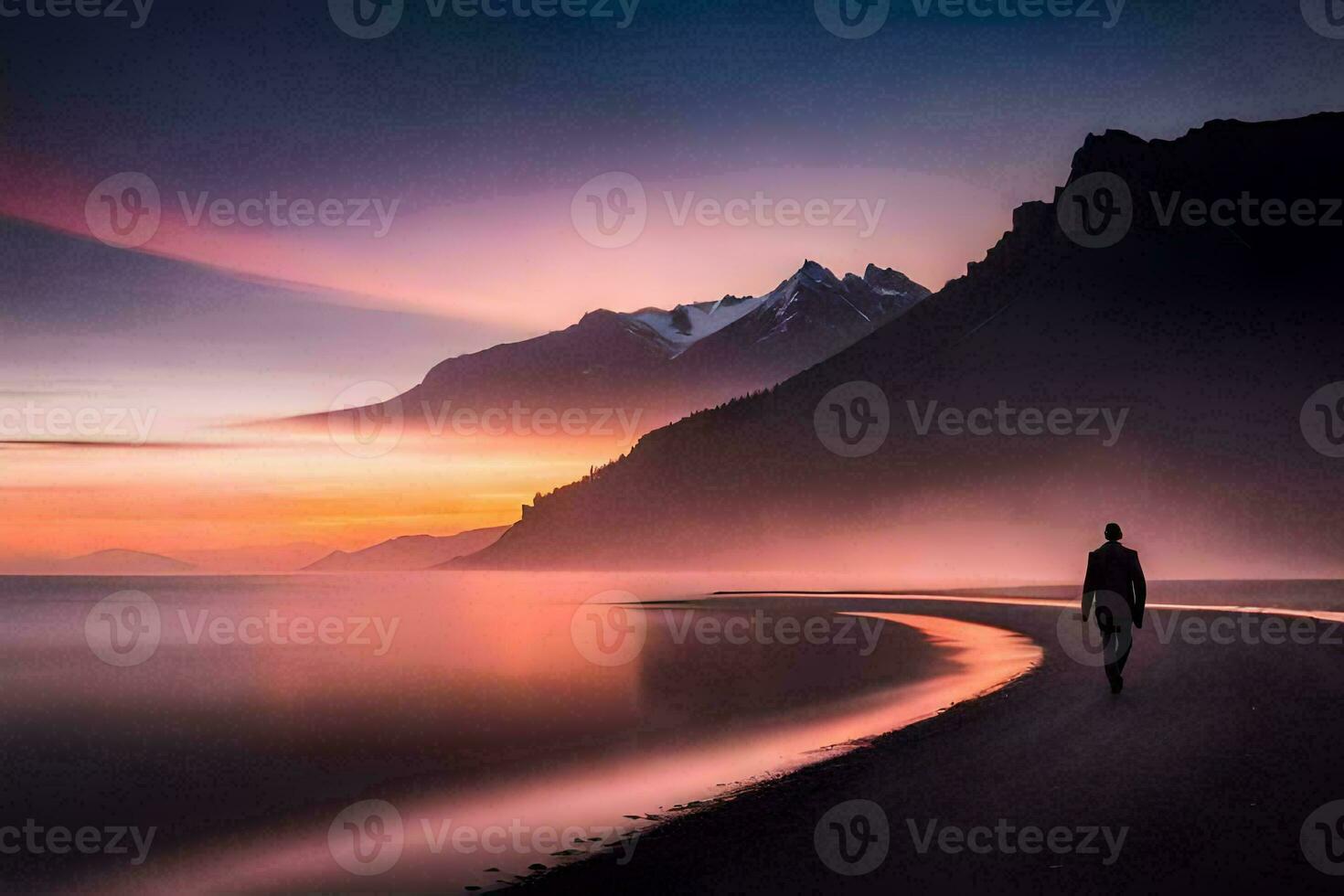 une homme des promenades le long de le plage à le coucher du soleil. généré par ai photo
