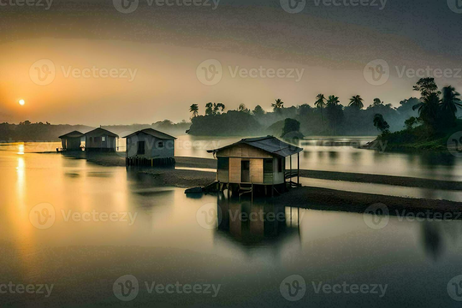 le coucher du soleil plus de une Lac avec petit Maisons sur le rive. généré par ai photo